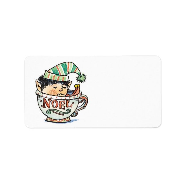 Cute Cartoon Christmas Elf Sleeping in a Tea Cup Label (Front)