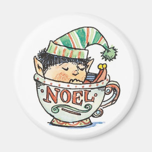 Cute Cartoon Christmas Elf Sleeping in a Tea Cup Magnet