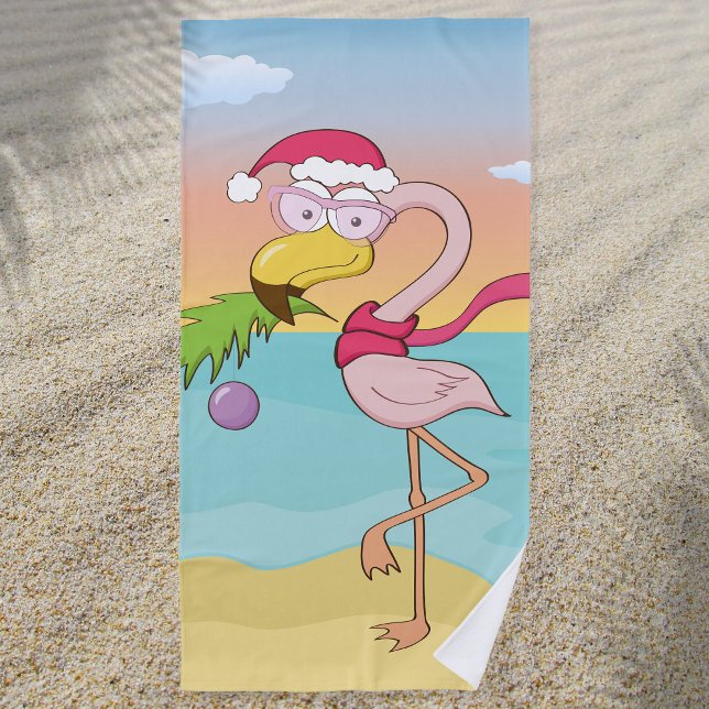 Cute cartoon Christmas flamingo on the beach Beach Towel (Colorful and fun beach towel with cute Christmas flamingo cartoon design)