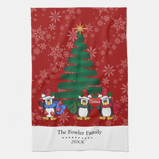 Cute Cartoon Christmas Penguins Tea Towel (Vertical)