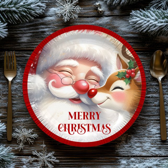 Cute Cartoon Christmas Plates Santa and Rudolph (Cute Cartoon Christmas Plates Santa and Rudolph)
