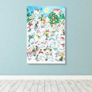 Cute Cartoon Christmas Polar Bear Penguin Party Canvas Print