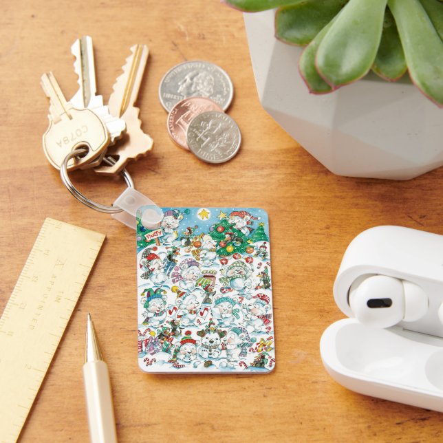 Cute Cartoon Christmas Polar Bear Penguin Party Key Ring (Desk)