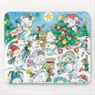Cute Cartoon Christmas Polar Bear Penguin Party Mouse Pad