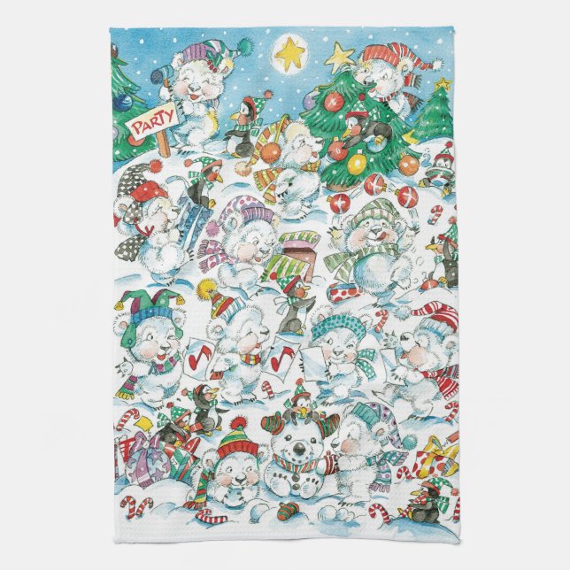 Cute Cartoon Christmas Polar Bear Penguin Party Tea Towel (Vertical)