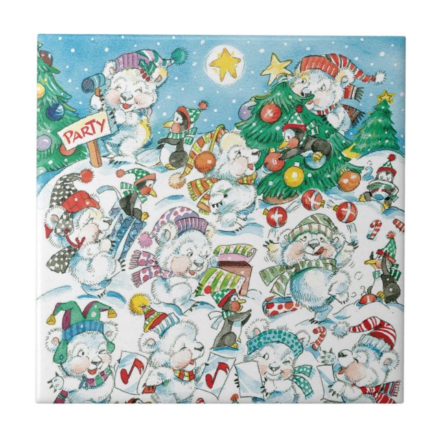 Cute Cartoon Christmas Polar Bear Penguin Party Tile (Front)