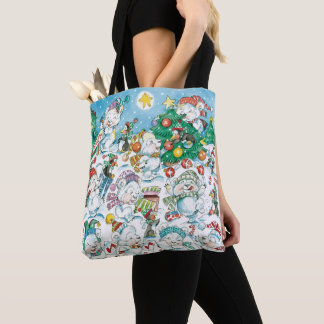 Cute Cartoon Christmas Polar Bear Penguin Party Tote Bag