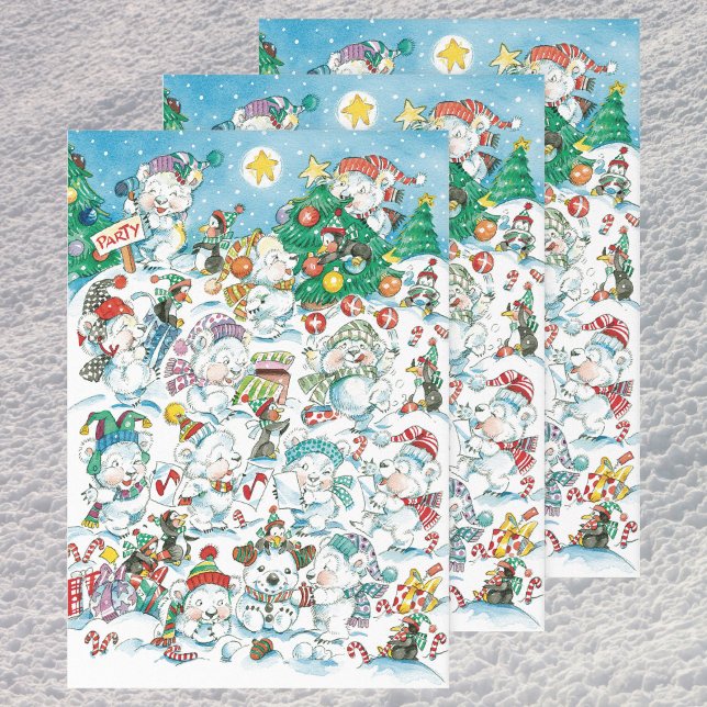 Cute Cartoon Christmas Polar Bear Penguin Party Wrapping Paper Sheet (Creator Uploaded)