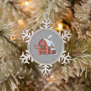 Cute Cartoon Christmas Red Barn - Festive Farm Snowflake Pewter Christmas Ornament
