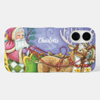 Cute Cartoon Christmas Santa Claus Sleigh Reindeer iPhone 16 Case