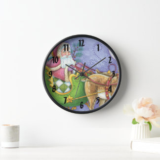 Cute Cartoon Christmas Santa Claus Sleigh Reindeer Clock
