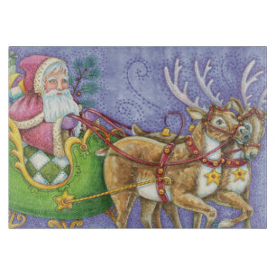 Cute Cartoon Christmas Santa Claus Sleigh Reindeer Cutting Board