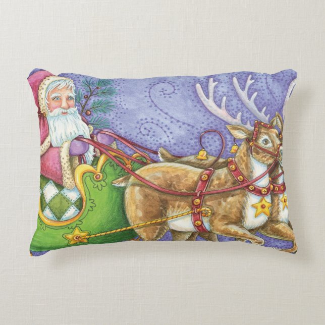Cute Cartoon Christmas Santa Claus Sleigh Reindeer Decorative Cushion (Front)