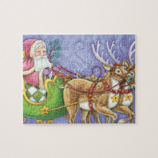 Cute Cartoon Christmas Santa Claus Sleigh Reindeer Jigsaw Puzzle (Horizontal)