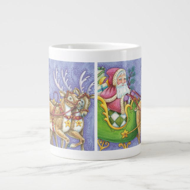 Cute Cartoon Christmas Santa Claus Sleigh Reindeer Large Coffee Mug (Front)