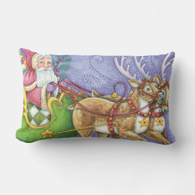 Cute Cartoon Christmas Santa Claus Sleigh Reindeer Lumbar Cushion (Front)