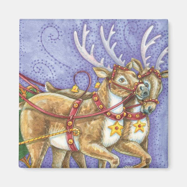 Cute Cartoon Christmas Santa Claus Sleigh Reindeer Magnet (Front)