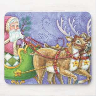 Cute Cartoon Christmas Santa Claus Sleigh Reindeer Mouse Pad
