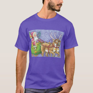 Cute Cartoon Christmas Santa Claus Sleigh Reindeer T-Shirt