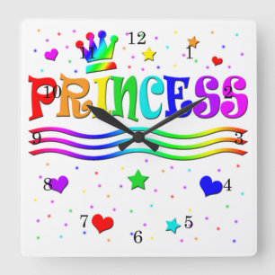 Cute Cartoon Clip Art Rainbow Princess Tiara Square Wall Clock