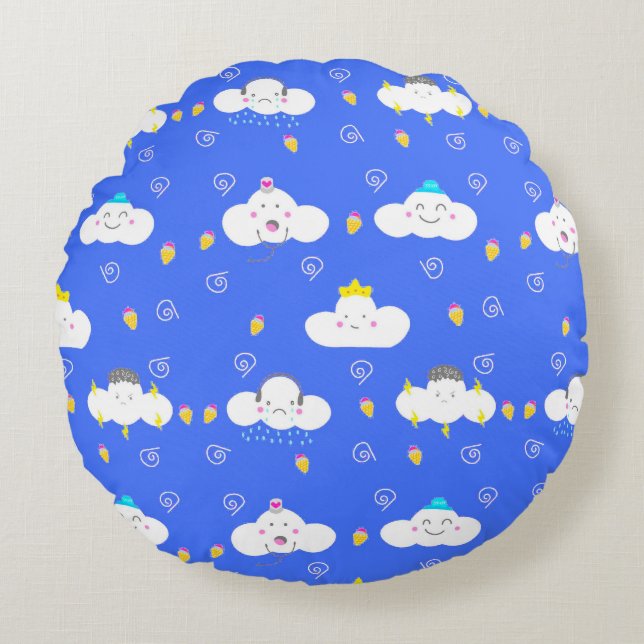 Cute Cartoon Clouds with Emotions Round Cushion (Front)