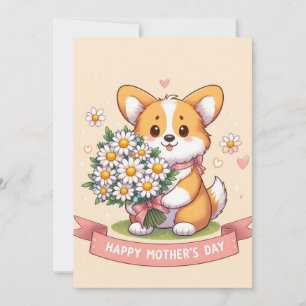 Cute Cartoon Corgi with Daisies Happy Mother's Day Holiday Card