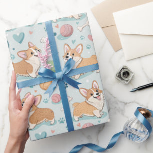 Cute Cartoon Corgi Wrapping Paper – Light Blue Dog