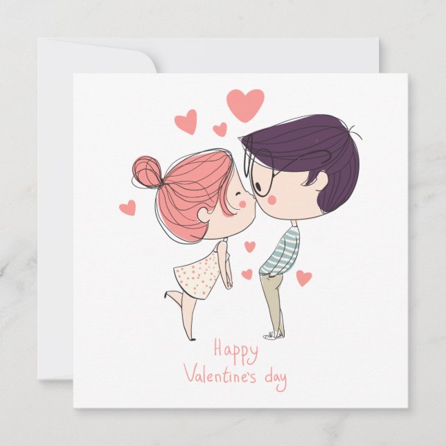 Cute Cartoon Couple Happy Valentines Day Holiday Card (Front)