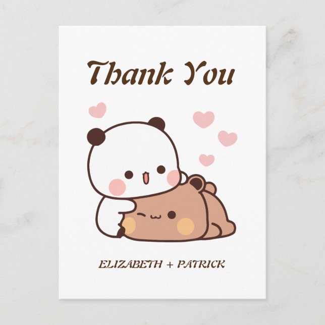 Cute cartoon couple, Kawaii Bear & Panda Thank You Postcard (Front)