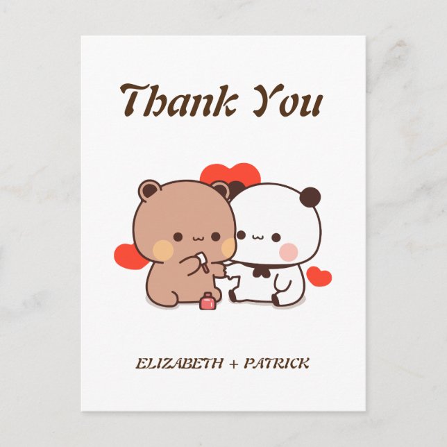 Cute cartoon couple, Kawaii Bear & Panda Thank You Postcard (Front)