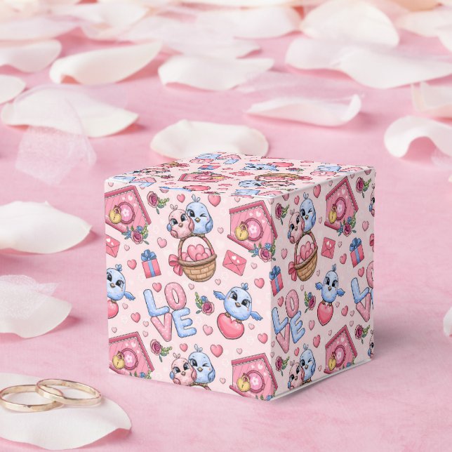 Cute cartoon couple of birds, hearts, birds house/ favour box (Wedding)