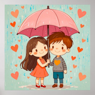 Cute Cartoon Couple Smiling Under Pink Umbrella Poster