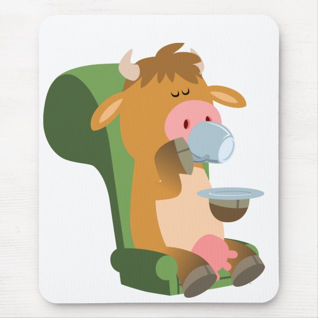 Cute Cartoon Cow and a Nice Cuppa Mousepad (Front)