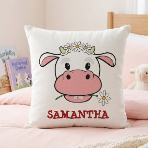 Cute Cartoon Cow   Custom Name Farm Animal Pillow