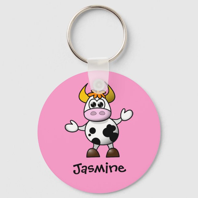 Cute Cartoon Cow Personalised Name Gift Key Ring (Front)