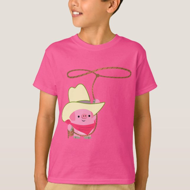 Cute Cartoon Cowboy Pig With Lariat Kids T-Shirt (Front)
