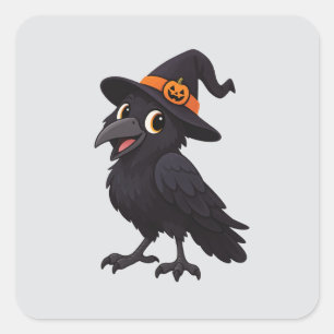 Cute Cartoon Crow Raven with Witch Hat Square Sticker