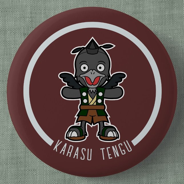 Cute Cartoon Crow Tengu | Japanese Yokai 6 Cm Round Badge (Cute Cartoon Crow Tengu Can Badge- Detail View)