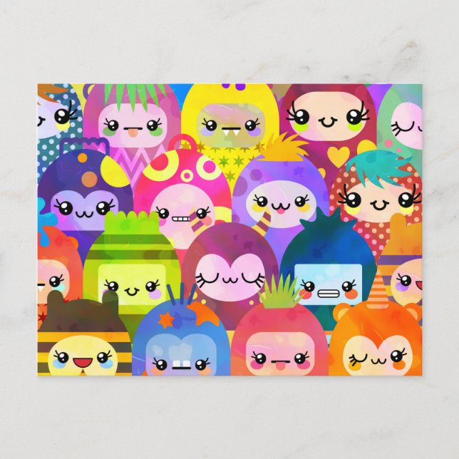 Cute Cartoon Crowded Kawaii Monster Kid Group Postcard (Front)