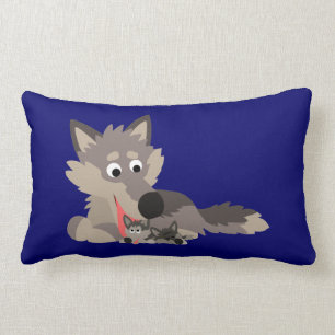 Cute Cartoon Dad Wolf and Pups Pillow