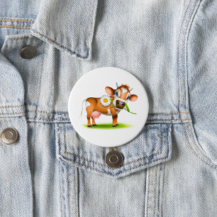Cute Cartoon Dairy Cow with Flower and Grass  7.5 Cm Round Badge