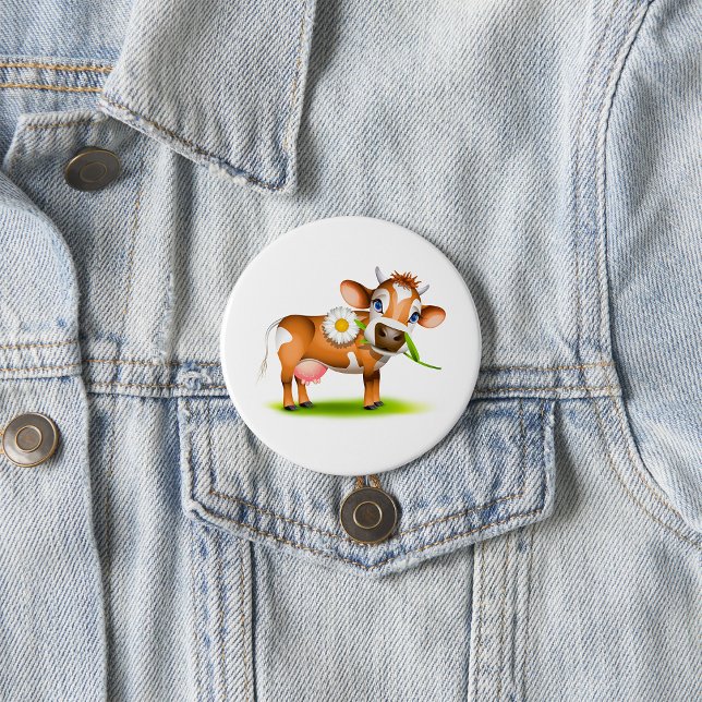 Cute Cartoon Dairy Cow with Flower and Grass  7.5 Cm Round Badge (Creator Uploaded)