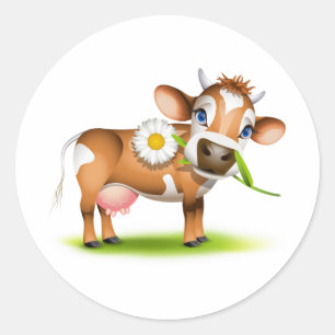 Cute Cartoon Dairy Cow with Flower and Grass  Classic Round Sticker