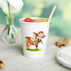 Cute Cartoon Dairy Cow with Flower and Grass  Paper Cups