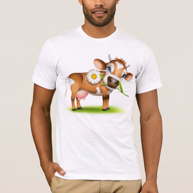 Cute Cartoon Dairy Cow with Flower and Grass  T-Shirt (Front)
