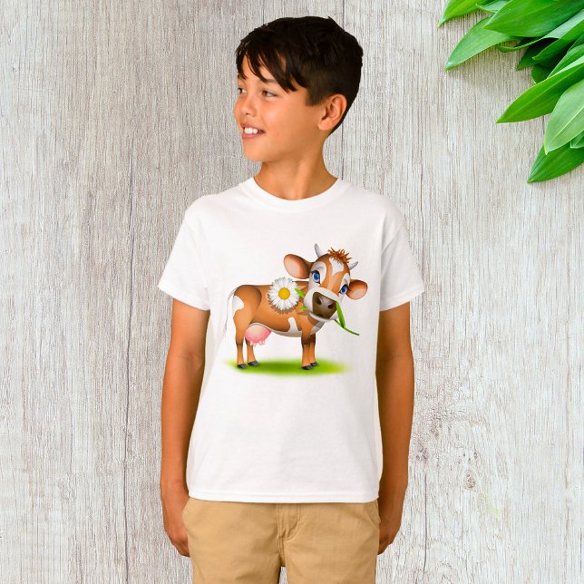 Cute Cartoon Dairy Cow with Flower and Grass  T-Shirt (Creator Uploaded)