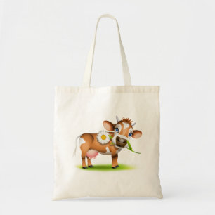 Cute Cartoon Dairy Cow with Flower and Grass  Tote Bag