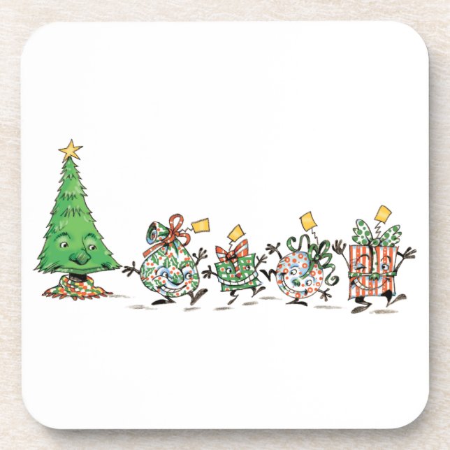 Cute Cartoon Dancing Christmas Presents and Tree Coaster (Front)