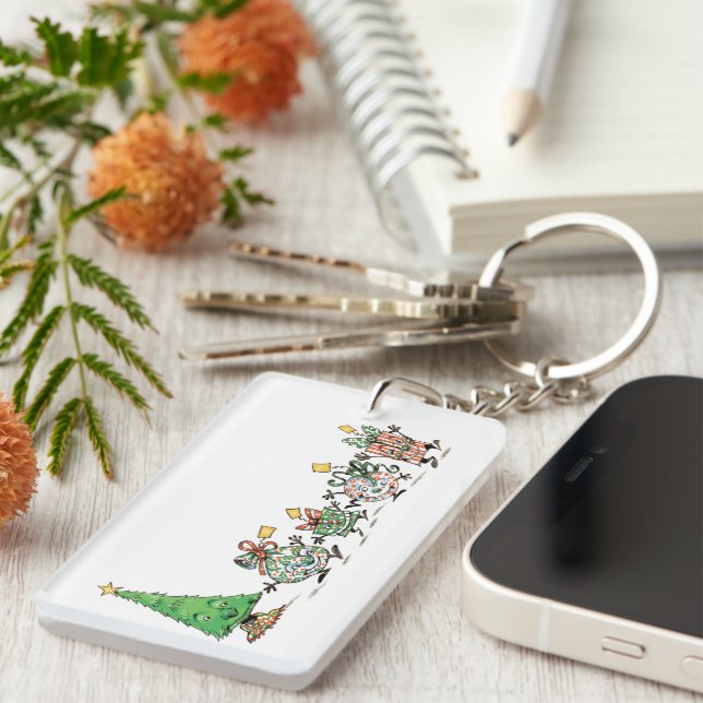 Cute Cartoon Dancing Christmas Presents and Tree Key Ring (Front Right)