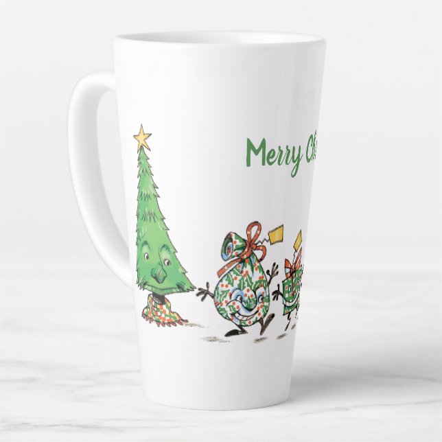 Cute Cartoon Dancing Christmas Presents and Tree Latte Mug (Left Angle)